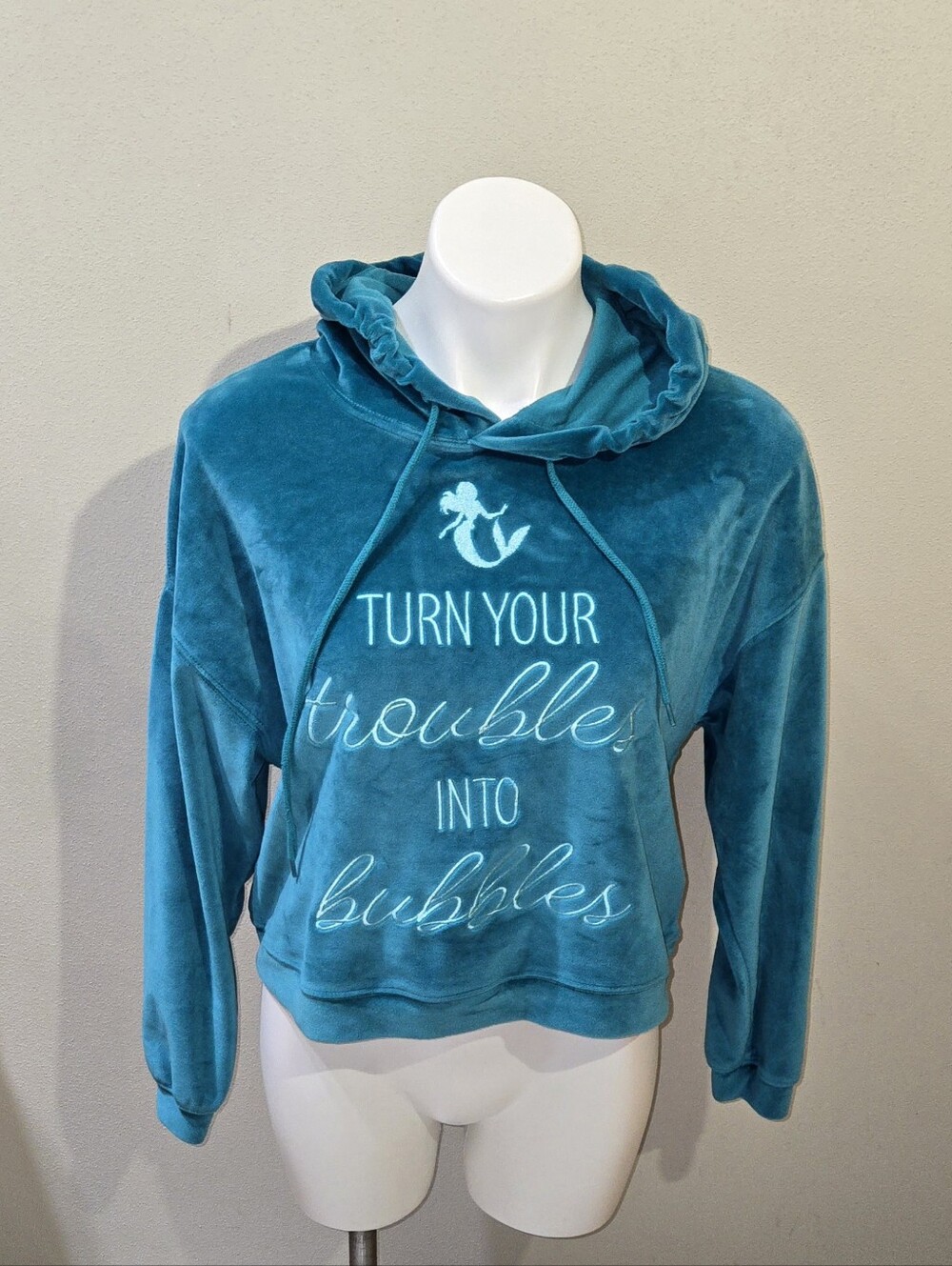 Disney Little Mermaid Ariel Velour Crop Hoodie Pullover Embroidered Women's XS